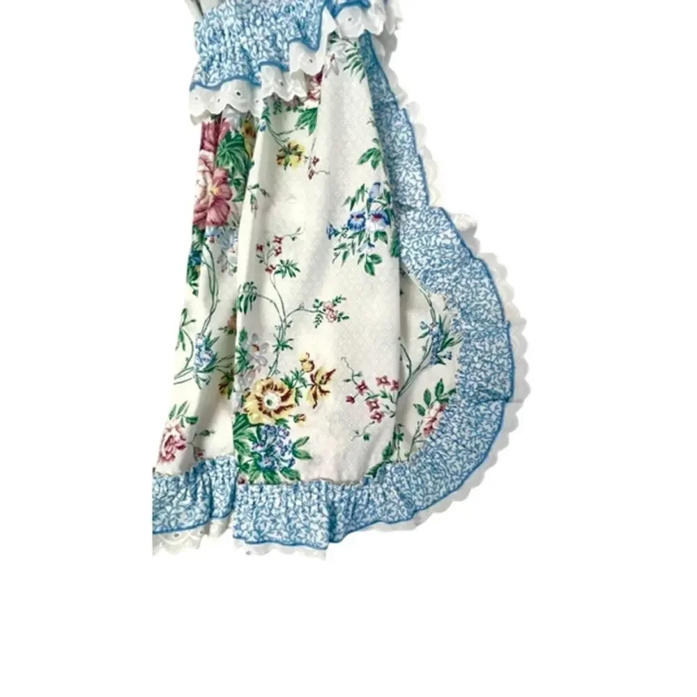 Vintage Cottagecore Floral Curtain Panels Lace Ruffle Tiebacks 42x32 1990s